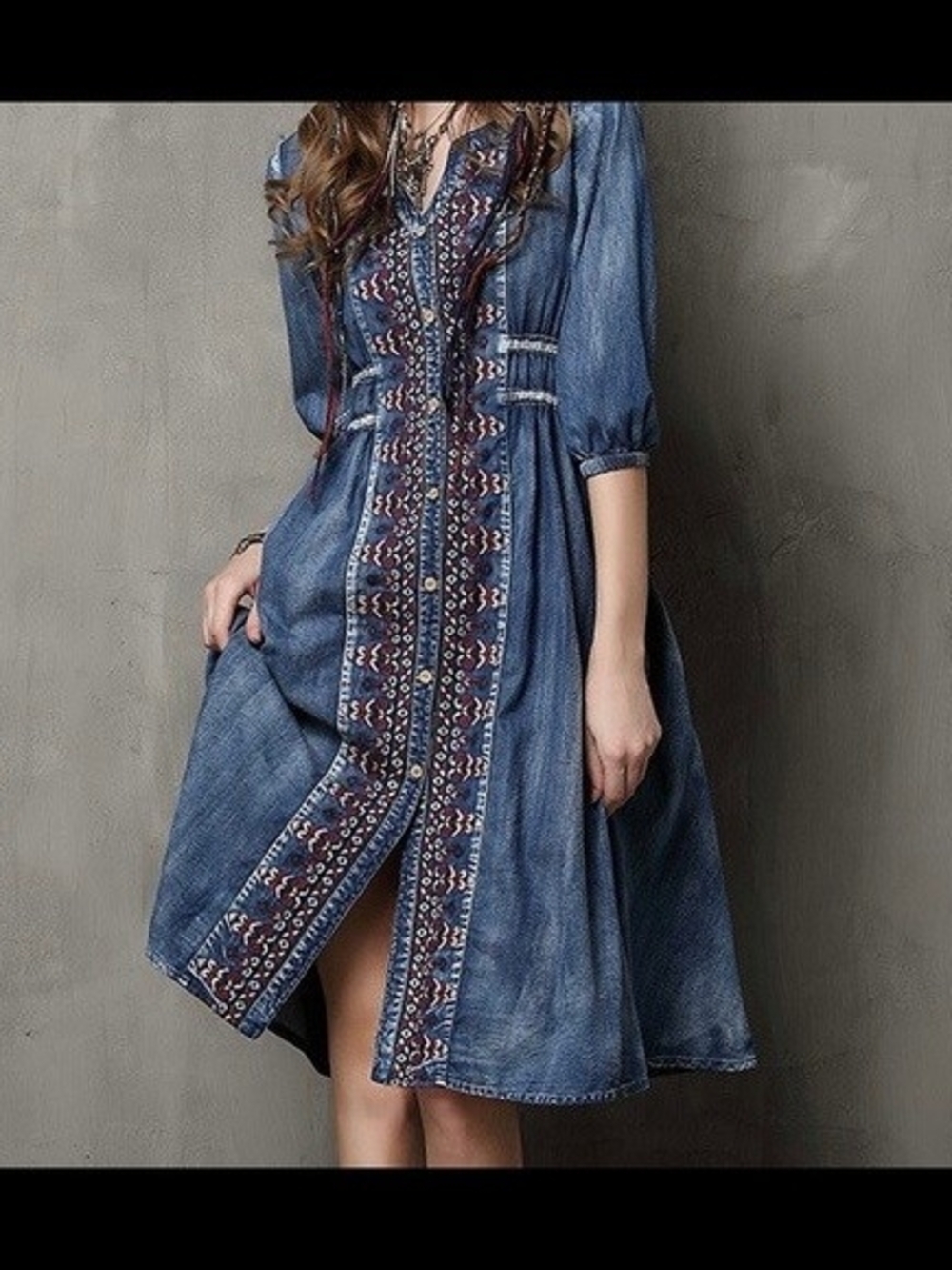 Boho Embroidered Indigo Midi Dress